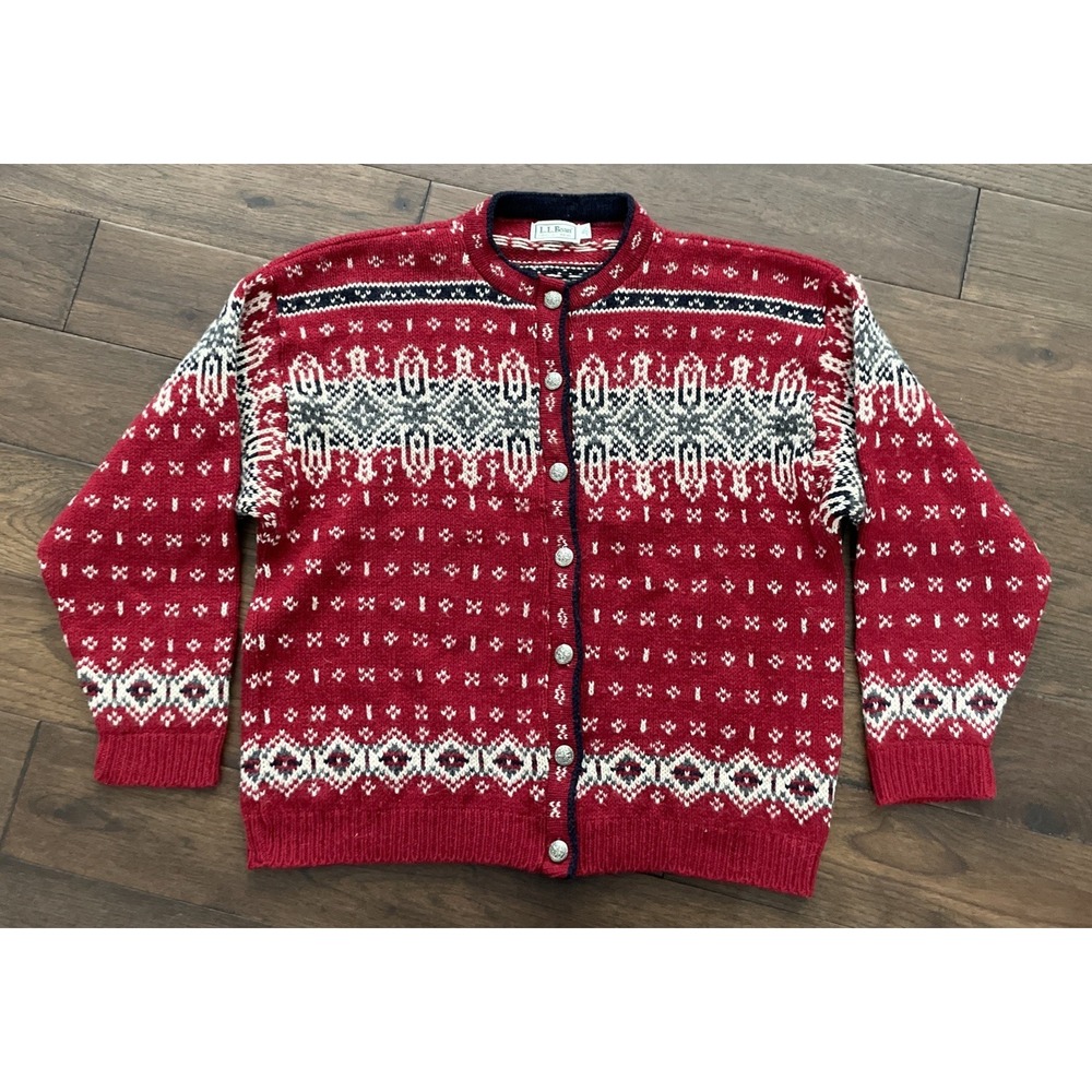 LL Bean Vintage Made In USA Women's Fair Isle Wool Sweater Nordic Design Size XL